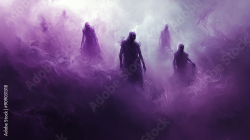 Ethereal Figures Emerging from Purple Mist