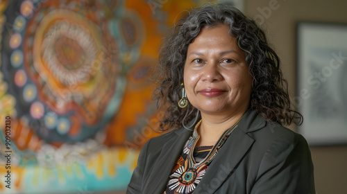 Indigenous Australian businesswoman wearing dark green dress with unique indigenous-inspired accessories, posing in office decorated with aboriginal art
