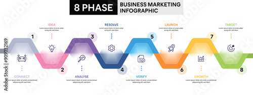 8 Step Half Hexagon Glassmorphism Infographic. Vector Illustration For Business Financial Report.