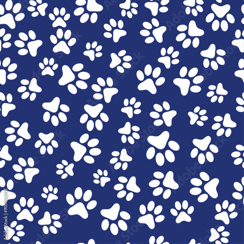 Dog prints, pattern on a blue background. The animalistic pattern of their dog paws.