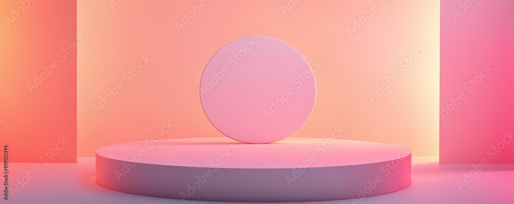Minimalist pink podium with round backdrop and soft gradient lighting, abstract studio shot. Modern display and presentation concept