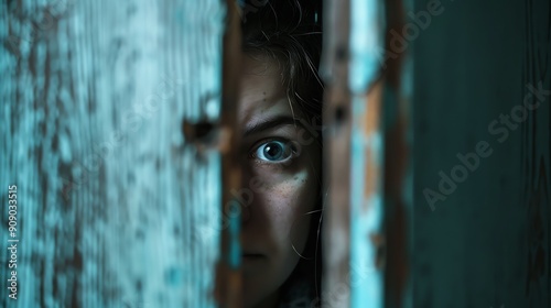 A person hiding behind a door, peeking out with a fearful expression photo