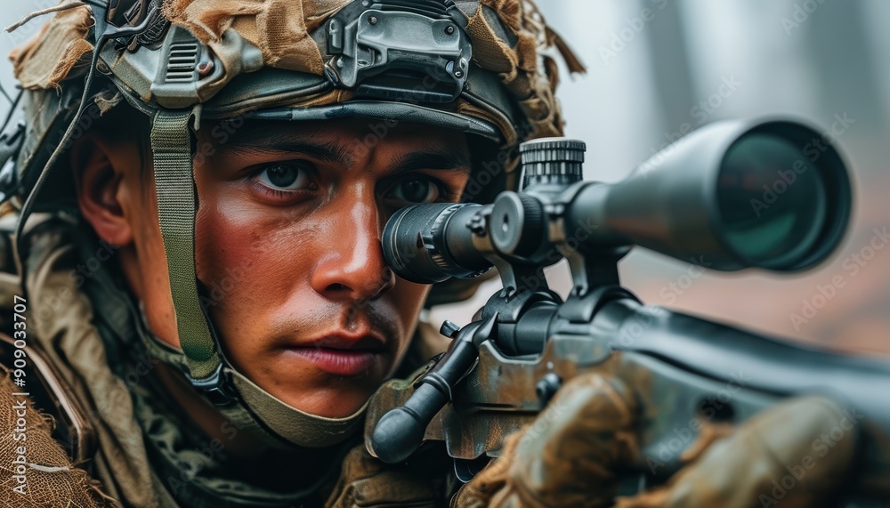 Nighttime Urban Warfare Scenario with Soldier Using Precision Sniper Rifle Nighttime Urban Warfare Scenario with Soldier Using Precision Sniper Rifle