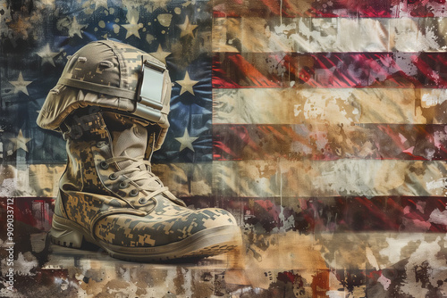Military boots and helmet with American flag background