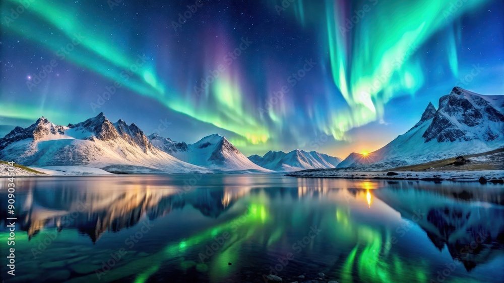 Beautiful aurora sky over snow covered mountains in the cold arctic north with magical lights reflecting off the water, snow covered Beautiful aurora sky over snow covered mountains in the cold arctic north with magical lights reflecting off the water, snow covered