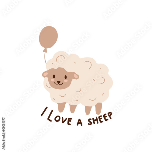  sheep, a cute sheep with fluffy fur. She holds a brown balloon in one paw. The phrase in English is written under the sheep: 