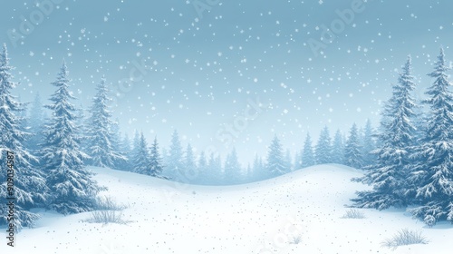 Snowy Landscape with Evergreen Trees and Falling Snowflakes