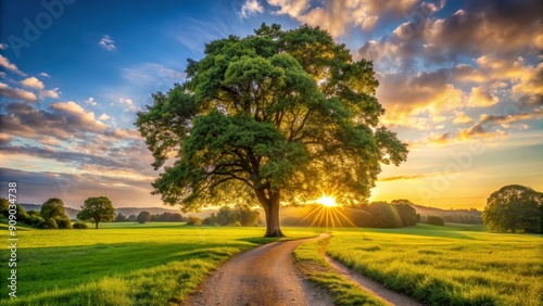 Fototapeta Naklejka Na Ścianę i Meble -  Sycamore tree standing in a summer field at sunset with a footpath and trees in a park , Sycamore, tree, summer, field, sunset