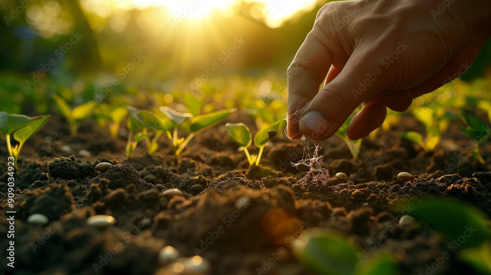 Fototapeta premium A farmer sowing seeds into fertile soil, symbolizing new beginnings
