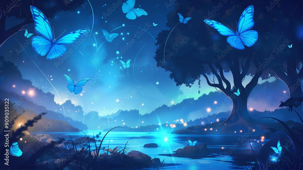 Obraz premium The Magic butterflies flying above fairy tale lake in night forest, game background, Illustration