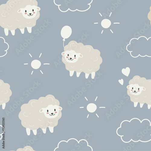 pattern with sheep, sheep, pattern, children, children's fabric, fabric, pattern with cute sheep, clouds, suns and hearts on a gray-blue background. The sheep are drawn in a cartoon style, they have f