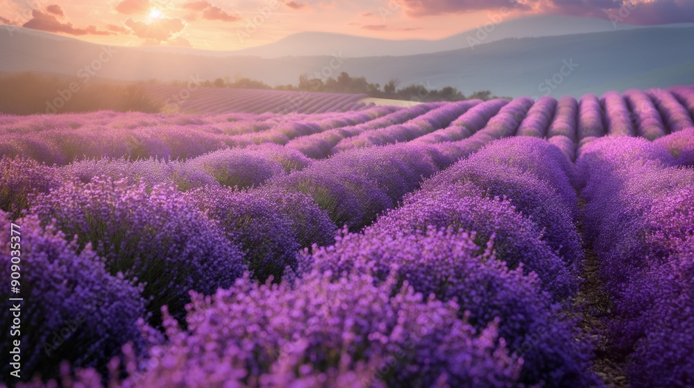 Obraz premium A sunny day on a lavender farm, with rows of purple flowers swaying gently