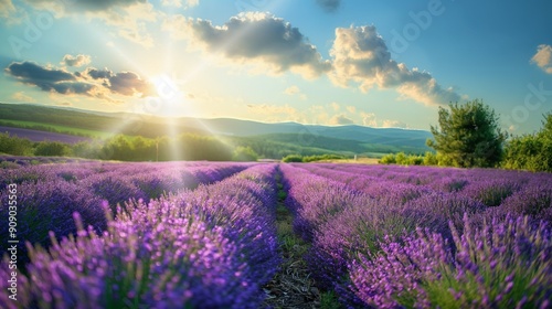 A sunny day on a lavender farm  with rows of purple flowers swaying gently