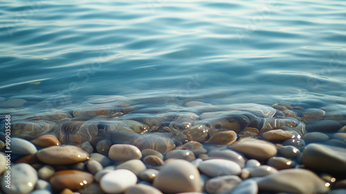 crystal-clear turquoise water with white pebbles at the bottom. The water's clarity and vibrant color evoke a sense of tranquility and purity, symbolizing calm and natural beauty