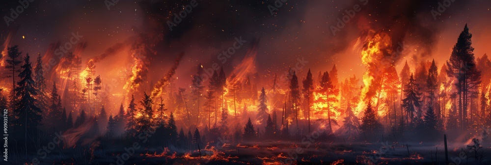 Flames engulf towering trees as a wildfire rages, sending thick smoke and ash swirling into the evening sky. Generative AI Flames engulf towering trees as a wildfire rages, sending thick smoke and ash swirling into the evening sky. Generative AI