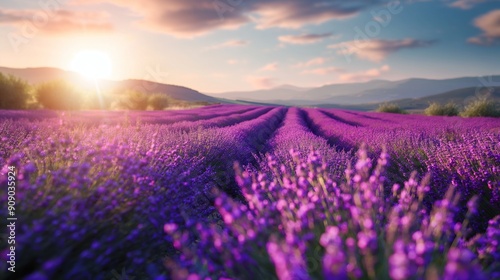 A sunny day on a lavender farm  with rows of purple flowers swaying gently