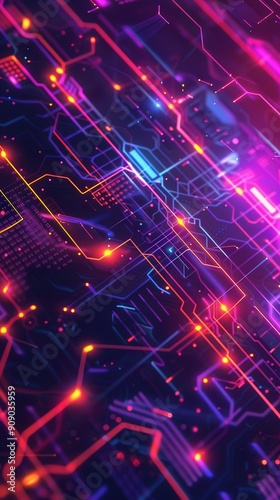 A dazzling array of neon lights illuminates a complex network of digital patterns, creating a captivating futuristic atmosphere