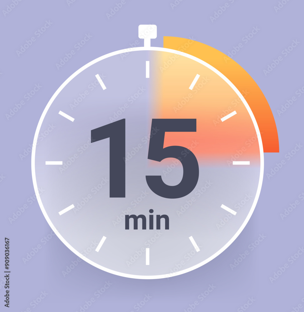 Fifteen minutes clock icon in glass morphism style. Vector illustration Fifteen minutes clock icon in glass morphism style. Vector illustration