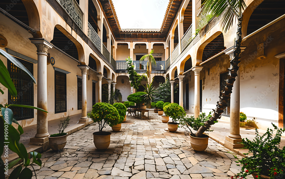 Fototapeta premium Spanish Courtyard with Green Bushes and Stone Floor, Warm Yellow, White, Green, Tranquil, Mediterranean Architecture, Peaceful Escape. 