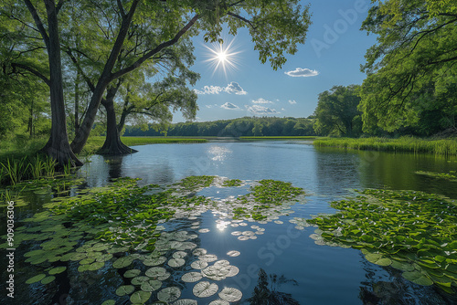 Swamp with weeping willows and water lilies, sunshine and vegetation photo