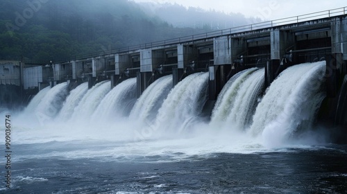 A dramatic photo of a powerful dam with cascading waterfalls, mist, and mountainous backdrop. Colossal structure exudes dynamic energy under overcast skies.