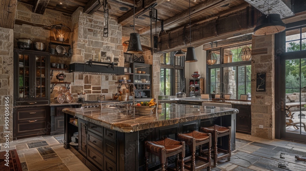 A warm, cozy kitchen with rustic-industrial design, featuring marble island, steel appliances, wooden cabinets, and fruit accents. A warm, cozy kitchen with rustic-industrial design, featuring marble island, steel appliances, wooden cabinets, and fruit accents.