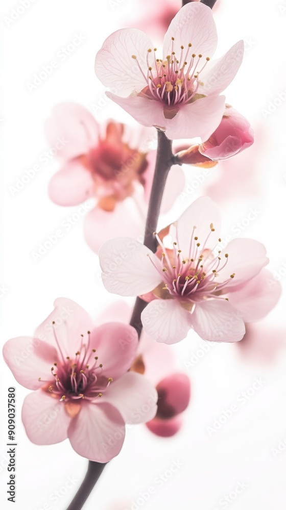 Cherry blossom branch with pink flowers on a white background, close-up view. Springtime and nature serenity concept Cherry blossom branch with pink flowers on a white background, close-up view. Springtime and nature serenity concept