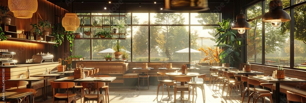 3D Illustration of a Modern Cafe Interior with Large Windows and Natural Light 3D Illustration of a Modern Cafe Interior with Large Windows and Natural Light
