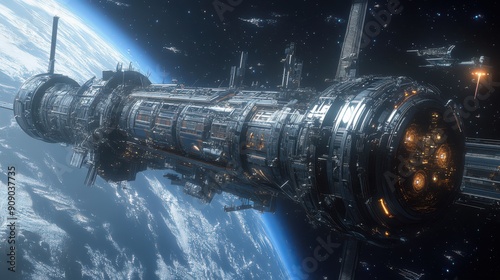 A large space ship is flying through space. The ship is surrounded by a blue sky and a planet