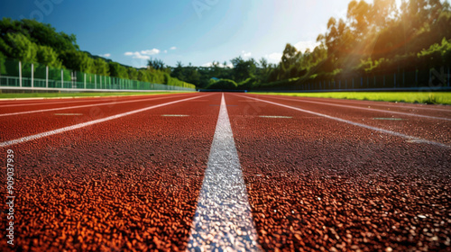 Low angle view of an empty running track with a white lane line, lit by the morning sun.