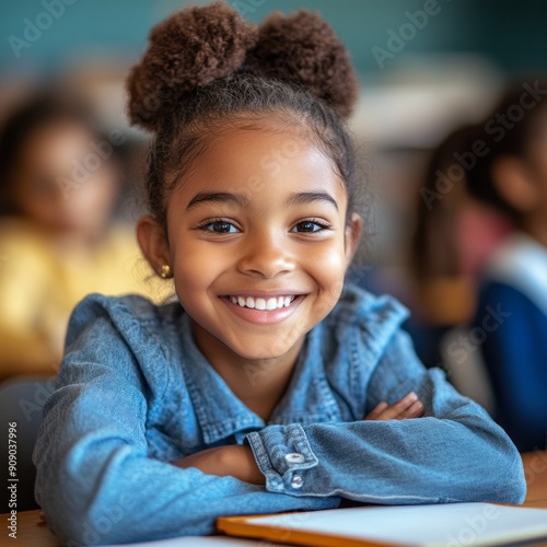 Close-up of smiling african american elementary schoolgirl sitting at desk in classroom photo