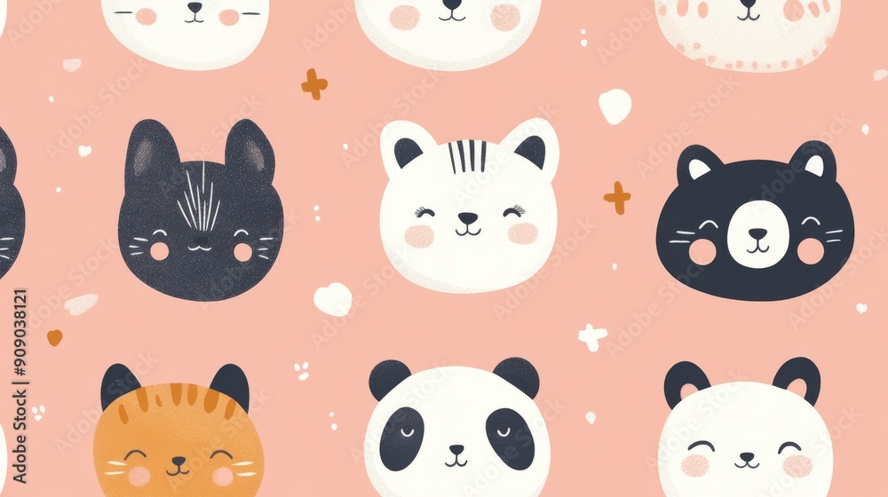 Fototapeta premium A pink background with cute animal faces in black, white, orange, and brown.