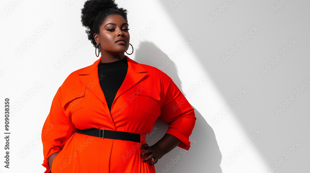 Obraz premium A plus-size model in a chic outfit, confidently posing in a bright, minimalist room with clean white walls and floors
