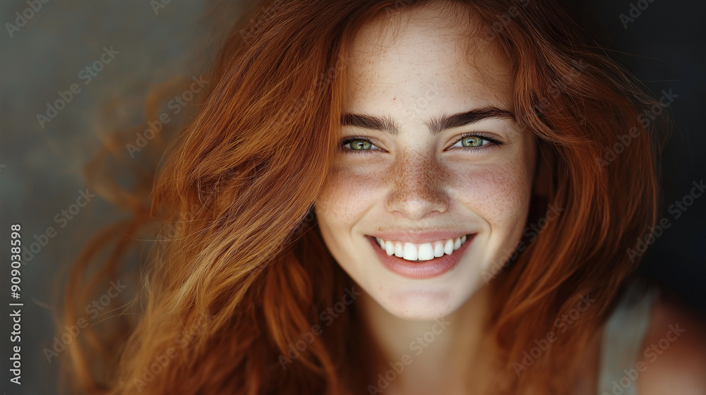 Softly lit studio portrait of a freckled young woman smiling, highlighting her natural beauty and serene expression Softly lit studio portrait of a freckled young woman smiling, highlighting her natural beauty and serene expression
