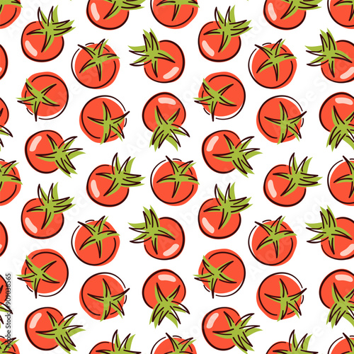 Seamless pattern of red tomato in flat style. Vegetable design for grocery, store, menu. Vector illustration on a white background.