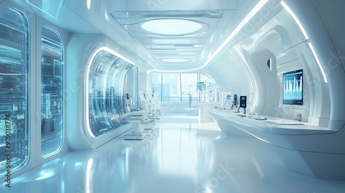 A futuristic white room with blue walls and a large window. The room is filled with computers and monitors, and there are several chairs and desks. The atmosphere is modern and high-tech