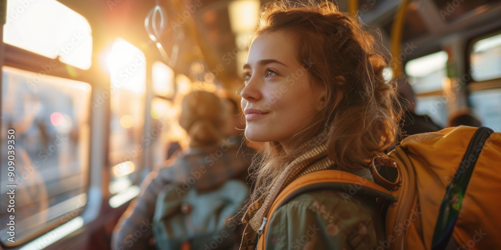A young woman with a backpack enjoying a train ride at sunrise, symbolizing adventure and exploration. A young woman with a backpack enjoying a train ride at sunrise, symbolizing adventure and exploration.