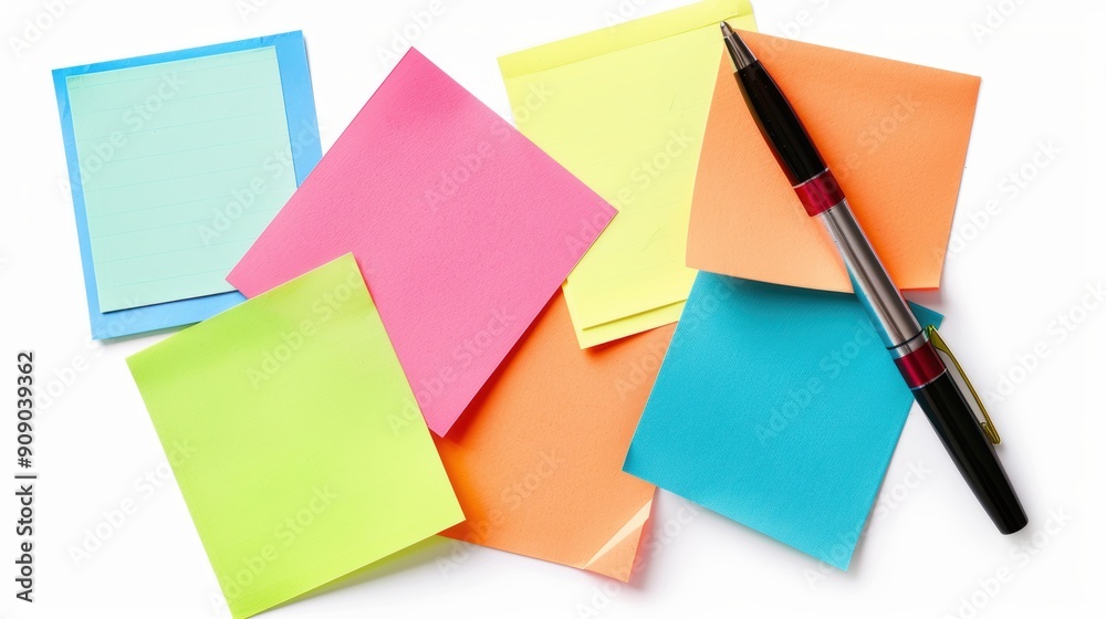 Colorful Sticky Notes Collection with Pen on White Background for Productivity and Organization Concepts Colorful Sticky Notes Collection with Pen on White Background for Productivity and Organization Concepts