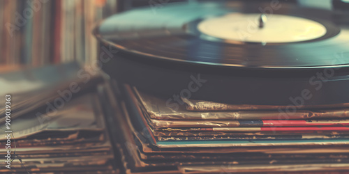 Vintage vinyl record player and stack of records in brown, black and red colors evoke nostalgia and a love for classic music. 