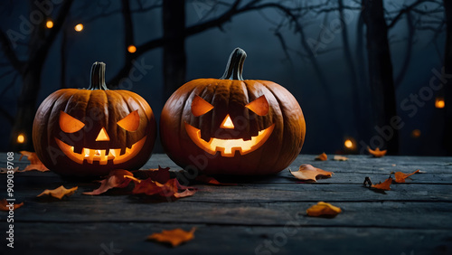 He is on Halloween two evil smiling pumpkins with lights on a dark background stand on a wooden surface