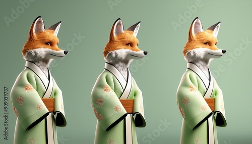 3D animated fox standing sideways three quarters in a pastel, light Green and white kimono.