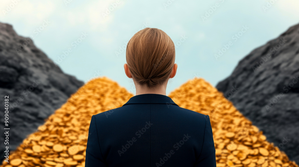 A businesswoman stands before a vast treasure, symbolizing wealth, success, and the pursuit of dreams amid golden coins. A businesswoman stands before a vast treasure, symbolizing wealth, success, and the pursuit of dreams amid golden coins.