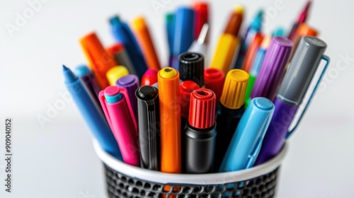 Colorful Assorted Pens and Markers in a Cup on White Background