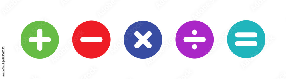 Fototapeta premium Vector illustration of set of mathematical symbols. Calculations and mathematical operations. Basic operations with numbers. Circular icons of addition, subtraction, multiplication and others.