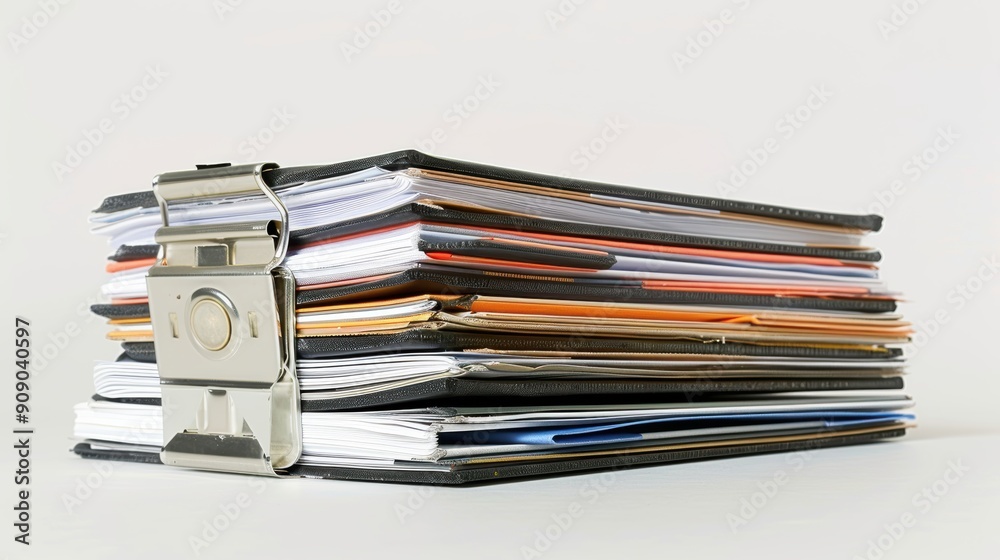 Organized Office Supplies - Stack of Loose-Leaf Paper and Binder on White Background Organized Office Supplies - Stack of Loose-Leaf Paper and Binder on White Background