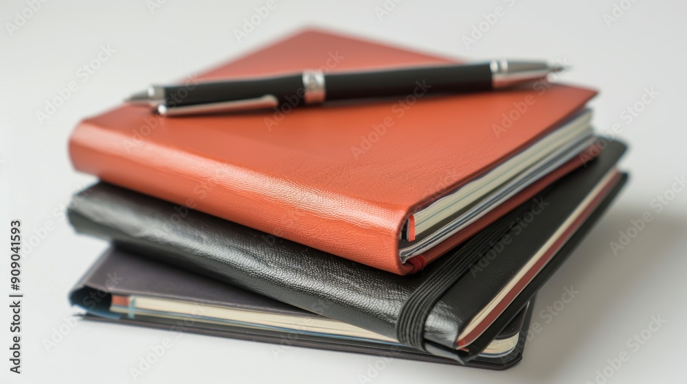 Stationery Bliss - Stack of Colorful Notebooks and Pen on Clean White Background Stationery Bliss - Stack of Colorful Notebooks and Pen on Clean White Background