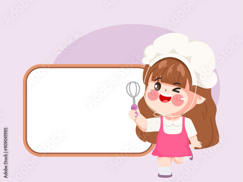 Cute chef woman in uniform character holding a Whisk. Design for sticker label design.