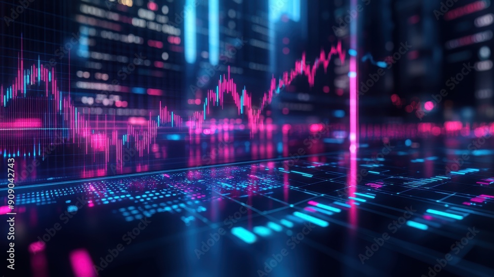 Vibrant digital data visualization with glowing graphs and charts over a futuristic city skyline, symbolizing financial growth. Vibrant digital data visualization with glowing graphs and charts over a futuristic city skyline, symbolizing financial growth.
