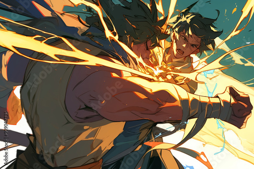 two man with power,unleash lightbeam,fighting scene