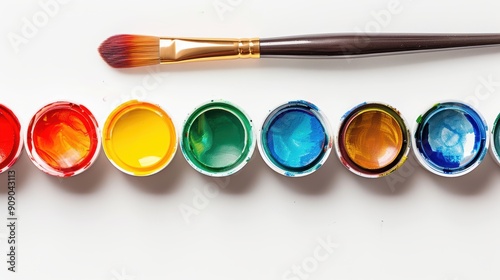 Vibrant Watercolor Paints and Brush on Clean White Background